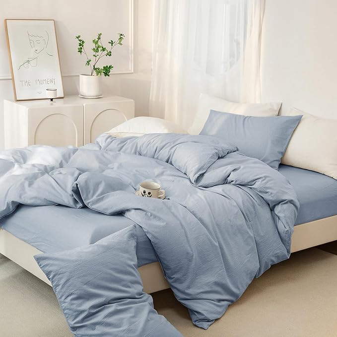 JIYUAN 100% Washed Cotton Duvet Cover Set 3 Pieces Super King, 1 Duvet Cover 108x98 Inches(Comforter Not Included) and 2 Pillowcases,Linen Feel Bedding Set Comfy and Breathable, Heathered Light Blue