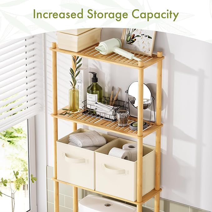AmazerBath Over The Toilet Storage Bamboo, 3-Tier Over Toilet Organizer Rack with 2 Fabric Storage Bins, Freestanding Toilet Shelf for Bathroom Laundry Space Saver, Natural Color