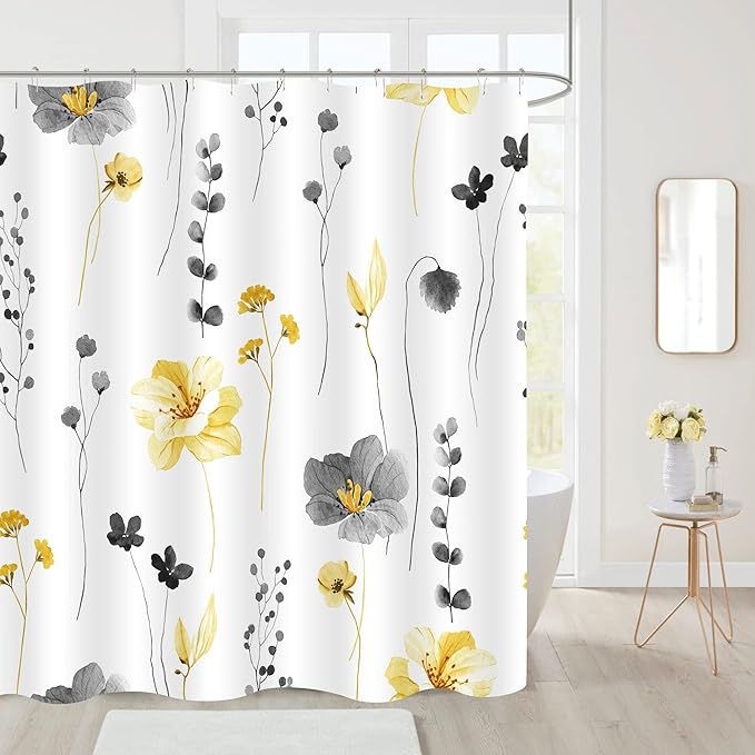 Gibelle Extra Long Shower Curtain 72 x 84, Watercolor Floral Fabric Shower Curtain, Yellow Grey Flower Decorative Bathroom Shower Curtain Set with Hooks