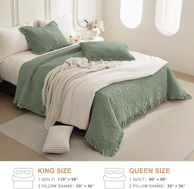 QSH 3PCs Olive Green Ruffled Quilt Queen Size (90"x98"),Stonewashed Cotton Quilt Set,Ultra Soft Lightweight Crinkled Bedspread Coverlet Queen Shabby Farmhouse Bedspreads Bedding Set with Pillow Shams