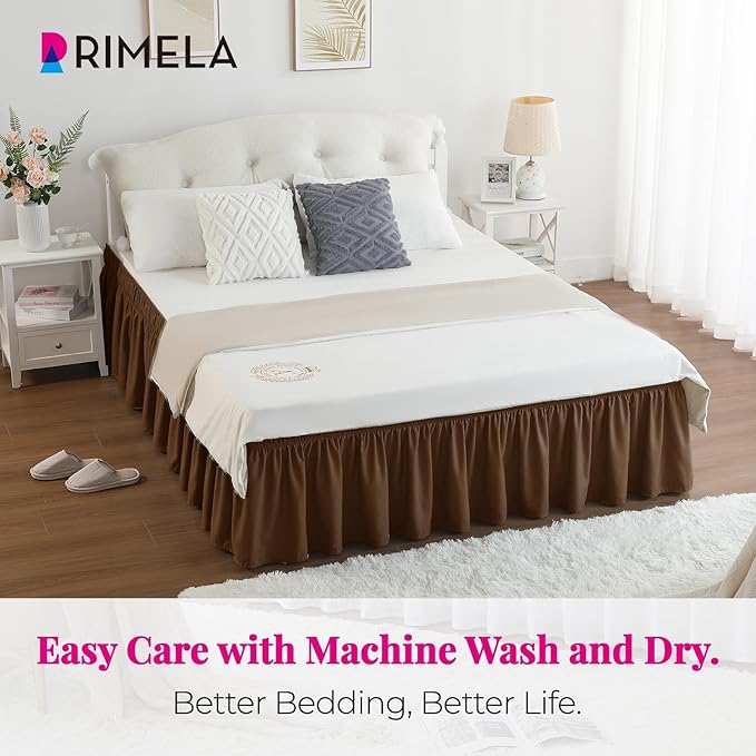 RIMELA Bed Skirt Full Size 15 Inch Drop, Elastic Bed Skirting for Bed Base and Frame, Bedding Dust Ruffle Easy to Install, Lightweight Wrap Around Adjustable Bedskirt, Brown