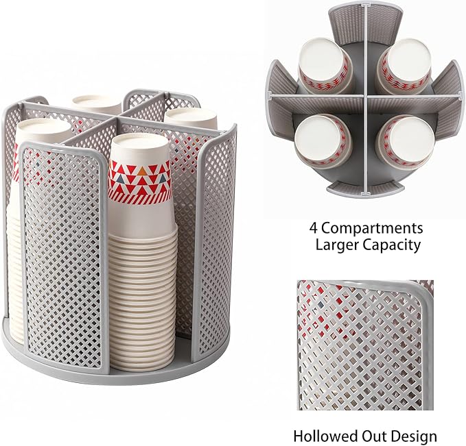 Paper Cup and Lid Holder Plastic Cup Storage Organizer Coffee Cup Dispenser for Countertop, Breakroom, Bathroom, Coffee Station, Bar, Buffet, Kitchen Cabinet - Gray