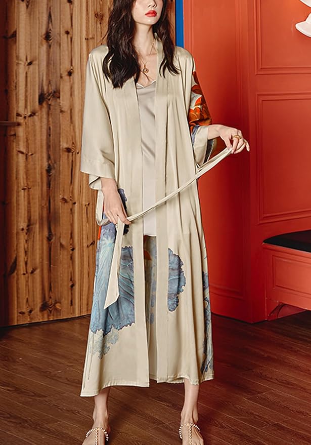 Silk Satin Robe for Women Long Japanese Kimono Robe Lightweight Soft Bathrobe Floral Luxury Dressing Gown