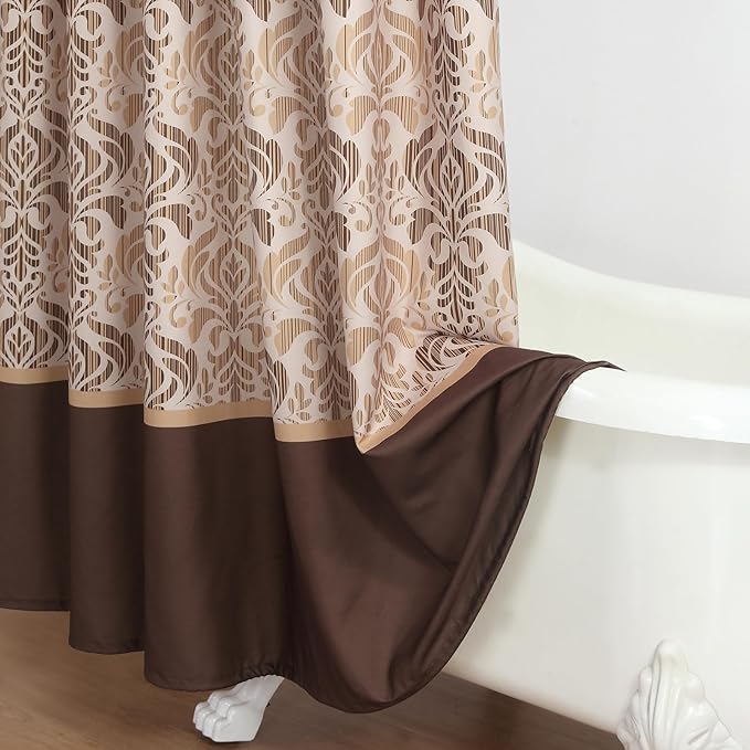 Extra Long Fabric Shower Curtain, Soft & Lightweight Brown Damask Print Shower Curtains for Bathroom, 72" W x 84" H