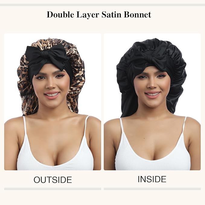 AWAYTR Long Satin Bonnet for Women - Double Layer Elastic Silk Bonnet for Braids Hair Sleeping Cap with Tie Band (Leopard)