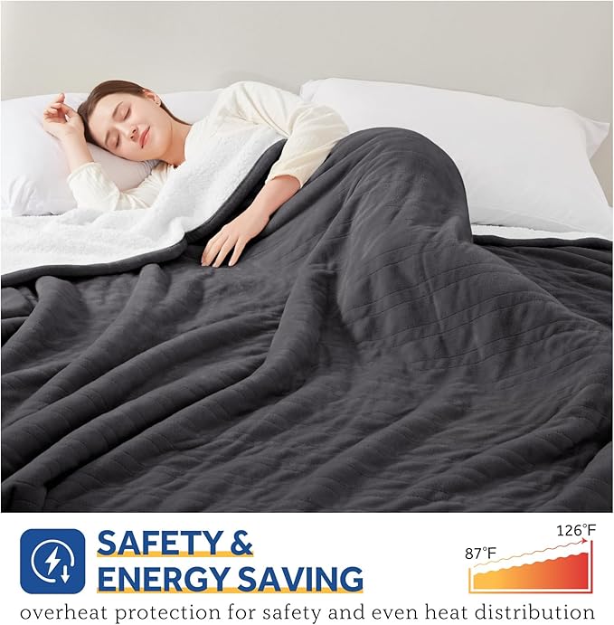 SEALY Electric Blanket Twin Size, Flannel & Sherpa Heated Blanket with 10 Heating Levels & 1-12 Hours Auto Off, Machine Washable, Grey, 62x 84 Inch