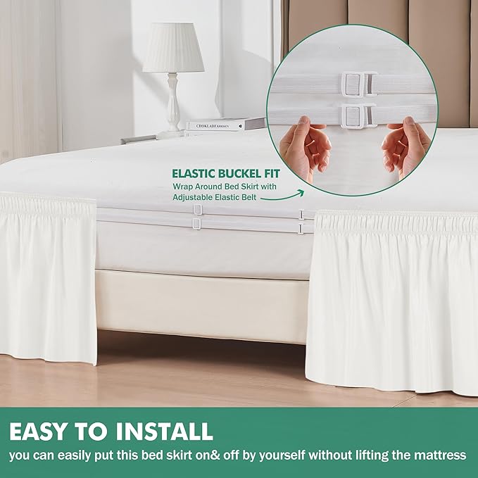 Biscaynebay Wrap Around Bed Skirts with Split Corners for Full Beds 18" Drop, Ivory Adjustable Elastic Dust Ruffles Easy Fit Wrinkle Resistant Silky Luxurious Fabric Machine Washable
