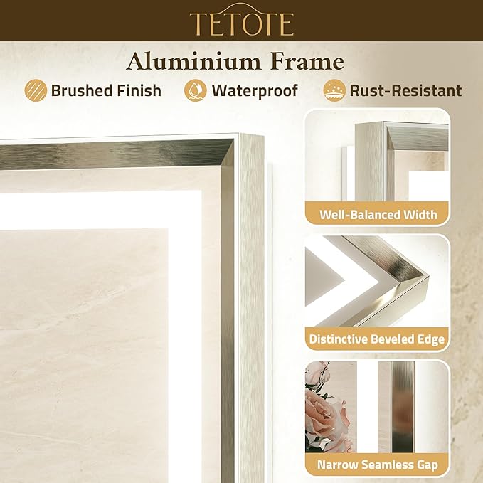 TETOTE 42 x 36 Led Mirror Brushed Bright Nickel Metal Frame Frontlit & Backlit Vanity Mirror Anti-Fog Stepless Dimmable 3 Colors White/Warm/Natural Wall Mirror with Lights Wall-Mounted