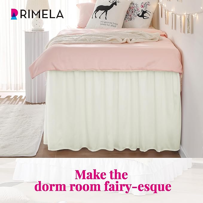 RIMELA Dorm Bed Skirt Twin XL 32 Inch Drop, Easy to Install Extra Long Wrap Around Elastic Dust Ruffle, Ivory Bedskirt Solid Silky Fabric Machine Washable (Twin XL 80“L x 39”W & Twin 75“L x 39”W)