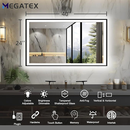 40x24 LED Bathroom Mirror for Wall, Black (Metal, Aluminum) Framed, Front Light and Backlit, 3 Colors and Dimmable Vanity Mirror, Anti-Fog, Shatter-Proof, Memory (Horizontal/Vertical)