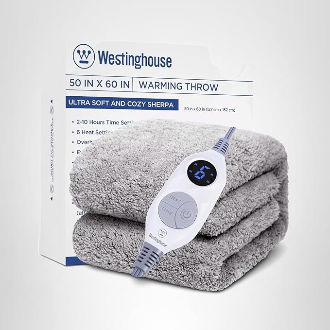 Westinghouse Electric Blanket Throw Size, Soft Plush Sherpa Heated Blanket with 6 Heating Levels & 2-10 Hours Auto-Off, Machine Washable, 50x60 inches, Charcoal