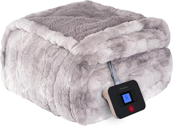 Westinghouse Electric Blanket Full, Faux Fur Heated Blanket with 10 Heating Levels & 1-12 Hours Auto Off, Soft Cozy Sherpa Heated Blanket Washable Blanket (80" x 84" Full Size, Light Grey)