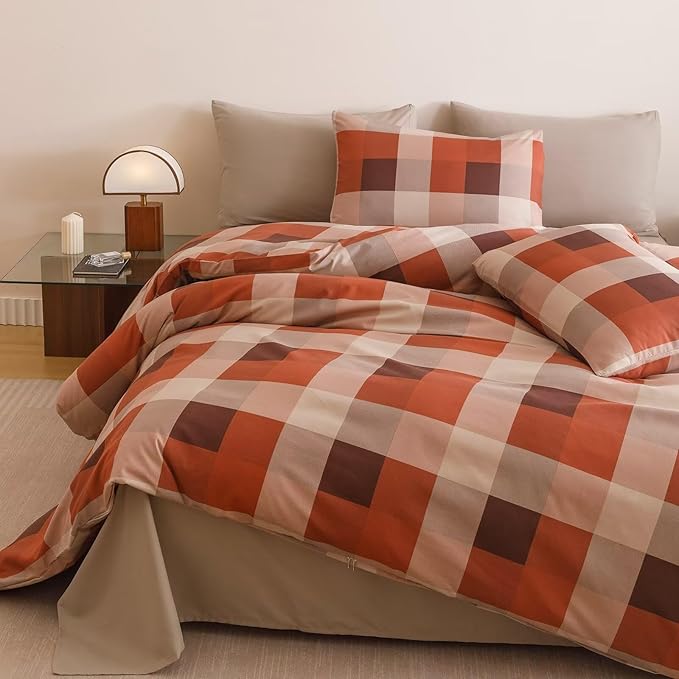 Cottonight Checkered Red Comforter Set Queen Men Gingham Grid Bedding Set Red and Khaki Grid Comforter Fluffy Soft Blanket Quilts Modern Cottagecore Comforter with 2 Pillowcases for Queen Bed