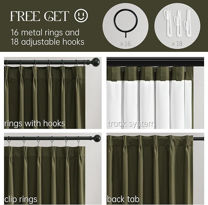 Topfinel Olive Green Linen Blackout Curtains 108 Inches Long for Living Room Large Window, Pinch Pleated Cold Blocking Boho Dark Green Track Curtains for Living Room 2 Panels,9 FT with Hooks Rings