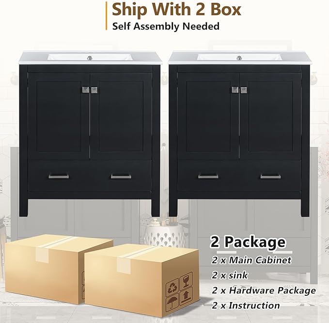 60" Bathroom Vanity Set with Double Vanities, Double Ceramic Sinks, Storage Shelf, Soft Closing Doors, Divided Drawers (Mirror not Included), Large Bathroom Vanity Sink Set (Black)