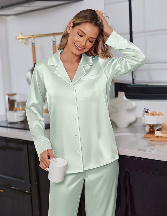 Ekouaer Satin Pajama Set for Women Silky Sleepwear Long Sleeve Top and Pants Button Down Pjs Lounge Set