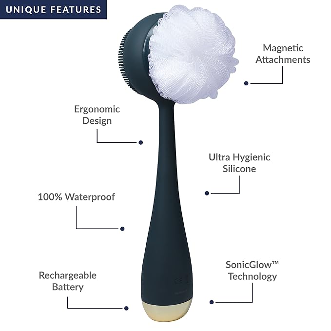 PMD Clean Body - Smart Body Cleansing Device with Silicone Brush & Three Interchangeable Attachments - Waterproof - SonicGlow Vibration - Cleanse, Exfoliate, & Massage Body