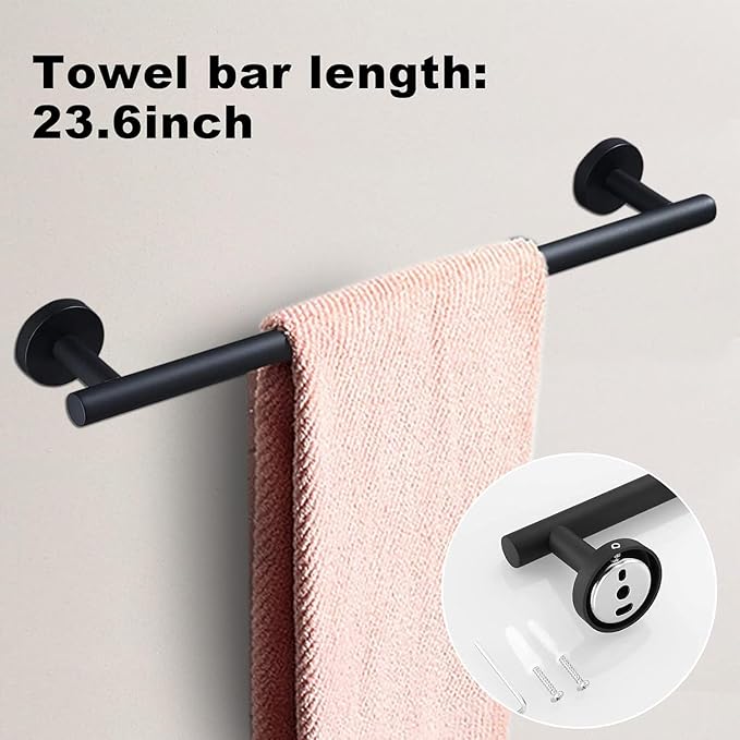 15sets 23.6inch Matte Black Bathroom Hardware Set, Include 3PCS 23.6inch Towel Bar, 3PCS Towel Ring, 3PCS Toilet Paper Holder, 6PCS Robe Hook-Matte Black