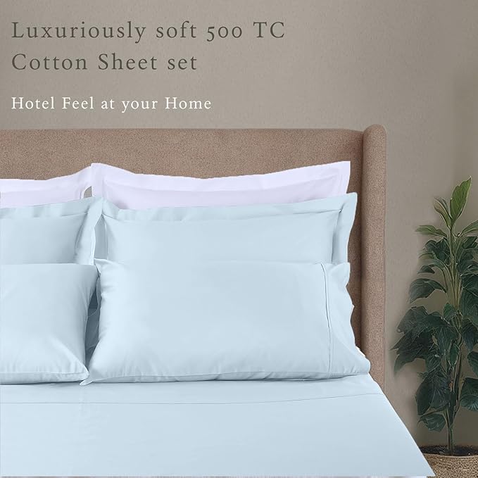 Threadmill Cotton Sheets for King Size Bed, 100% Cotton, 500 Thread Count, Deep Pocket Sheet Set for King Size Bed, Snug Fit, Soft & Crisp Cooling Hotel Quality Bed Sheets 4 Piece Set, Light Blue