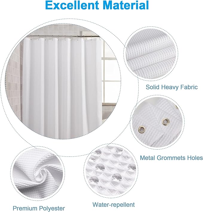 AmazerBath Waffle Shower Curtain - White, Heavy Duty Fabric, Hotel Quality for Bathroom, 72 x 65 Inches