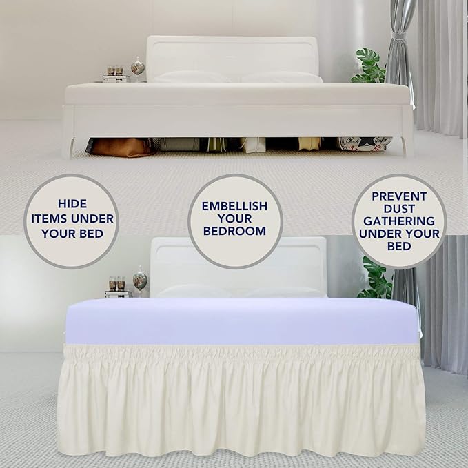 PureFit Wrap Around Ruffled Bed Skirt with Adjustable Elastic Belt - 22 Inch Drop Easy to Put On, Wrinkle Free Bedskirt Dust Ruffles, Bed Frame Cover for Queen, King and C-King Size Beds, Ivory