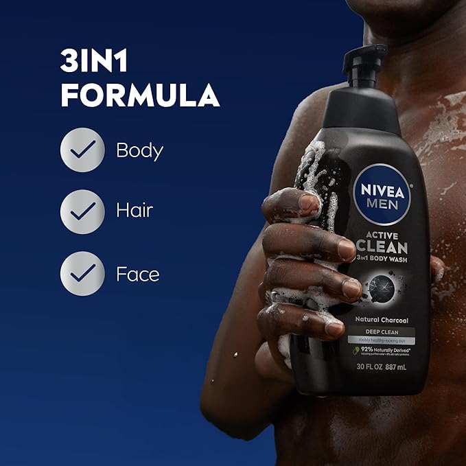 NIVEA Men Active Clean Body Wash with Natural Charcoal for Normal to Oily Skin, 3-in-1 Charcoal Body Wash, Face and Hair, Draws Out Dirt and Impurities, 30 Fl Oz Bottle