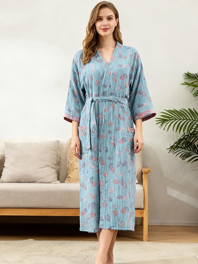 Women Cotton Double Gauze Jacquard Kimono Robe Bathrobe with Belt Pocket Comfortable Loungewear Yukata Sleepwear