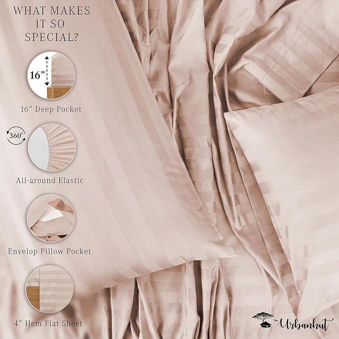 URBANHUT 1000 Thread Count Damask Striped California King Size Egyptian Cotton Sheets, Long Staple Soft & Breathable, 4 Pc Bed Sheet Sets, Luxury Hotel Sateen Sheets Fits 16" Deep Pocket - Blush Pink