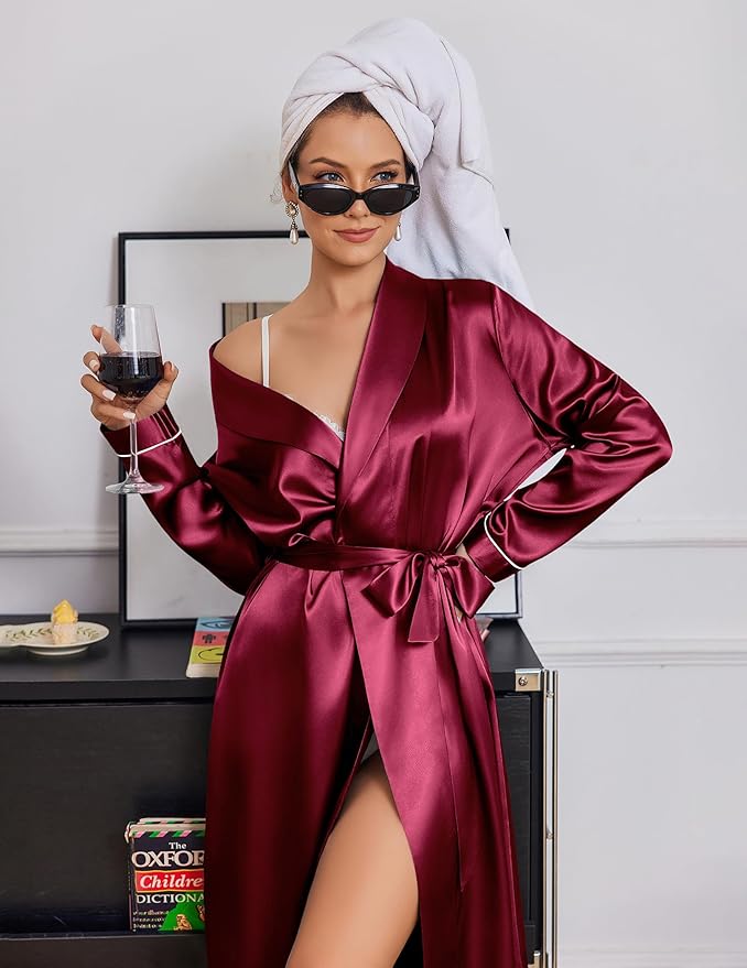 Ekouaer Silk Robes for Women Shawl Collar Satin Bathrobe Long Bride Wedding Party Robe Lightweight Sexy Sleepwear S-XXL