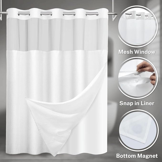 No Hook Shower Curtain with Snap in Liner Set Waffle Shower Curtain for Bathroom Hotel Style Fabric Waterproof Inner Liner，54" W x 80" H, White