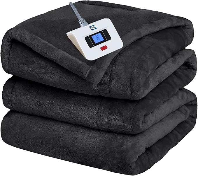 Sealy Heated Electric Blanket Twin Size, Flannel Electric Blanket with 10 Heating Levels & 1-12 Hours Auto Shut Off, Fast Heating Warming Blanket, Machine Washable, Grey, 62 x 84 Inch