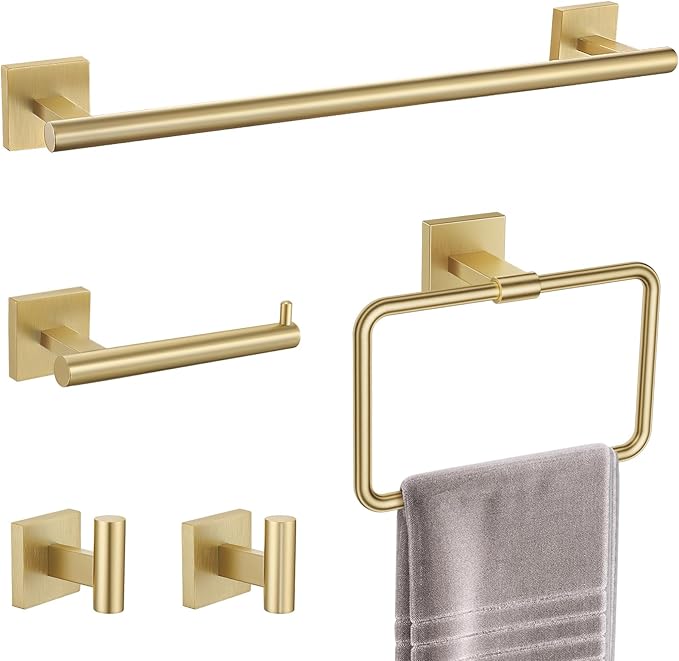TNOMS Gold Towel Bar Set 5-Piece Brushed Gold Bathroom Hardware Accessories Set Include 23.6in Towel Bar Toilet Paper Holder Towel Ring Towel Hooks,Stainless Steel Towel Holder Set Wall-Mounted