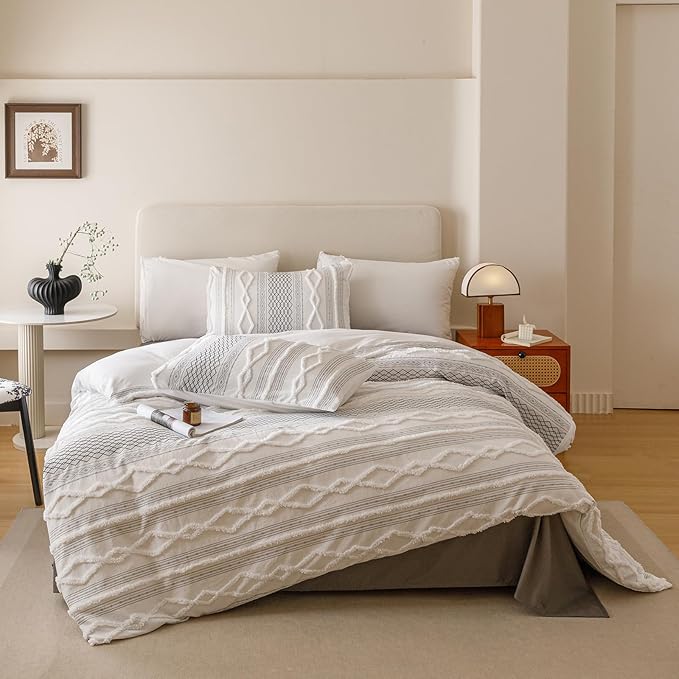 Cottonight White Black Boho Comforter Set Twin Farmhouse Tufted Bedding Set Soft Bohemain Shabby Chic Blanket Quilts Embroidery Rustic Luxury Soft 3PCS Bed Set for Women Men