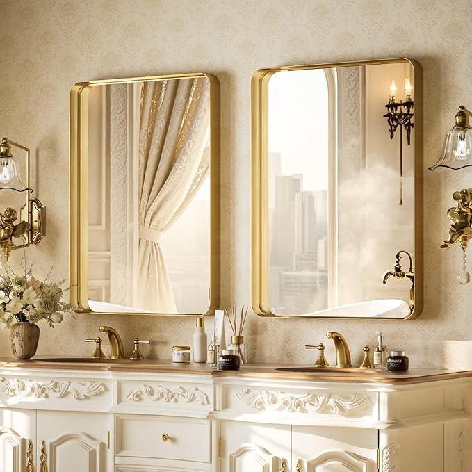 VooBang Bathroom Mirror 24x32 inch, Gold Gorgeous Deep Frame Wall Mirror, Modern Round Corner Bathroom Vanity Mirror for Bedroom, Living Room, Hanging or Leaning Horizontal or Vertical, Gold