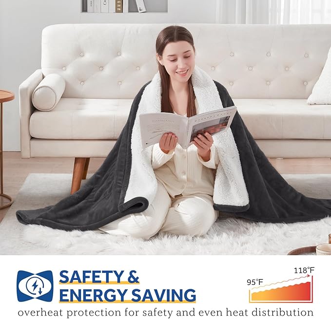 SEALY Heated Throw Blanket, Flannel & Sherpa Reversible Electric Throw with 6 Heating Levels & 2-10 Hours Auto Shut Off, Machine Washable, 50x60 Inch, Dark Grey