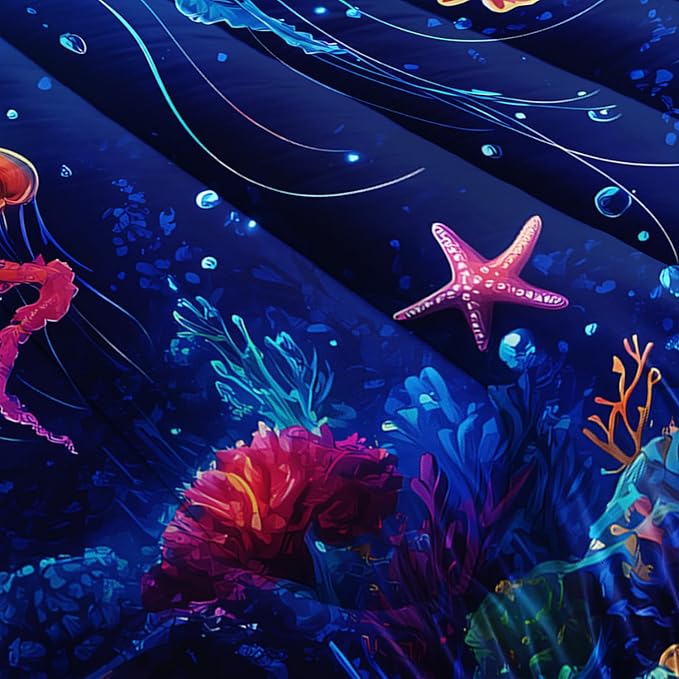 Fantasy Jellyfish Comforter King Bedding Sets for Girls Kids Toddlers,Coral Starfish Ocean Theme Bedroom Decor,Blue Underwater World Bedding Sets with 2 Pillowcases.
