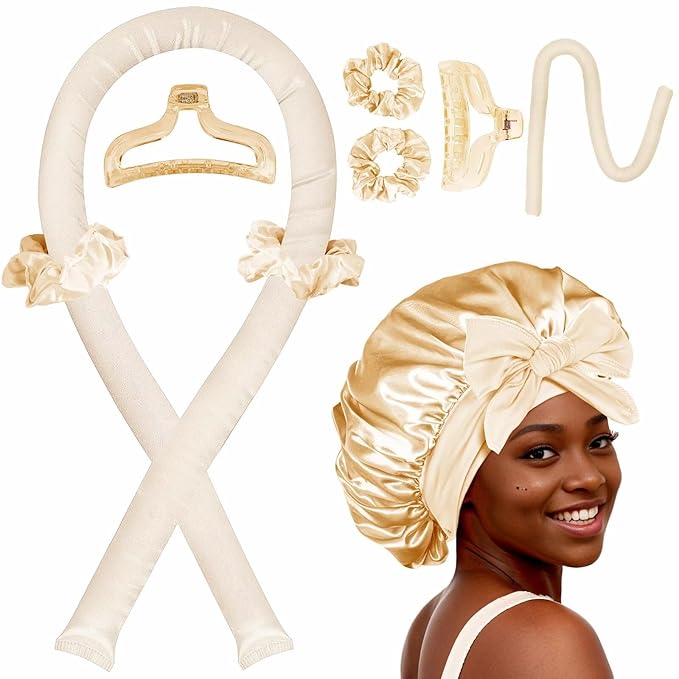 Heatless Hair Curler,Blowout Heatless Curls Overnight,No Heat Curling Rod Set with Satin Bonnet for Sleep in,Champagne