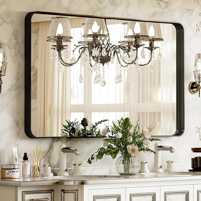VooBang Bathroom Mirror 24x32 inch, Black Gorgeous Deep Frame Wall Mirror, Modern Round Corner Bathroom Vanity Mirror for Bedroom, Living Room, Hanging or Leaning Horizontal or Vertical, Black