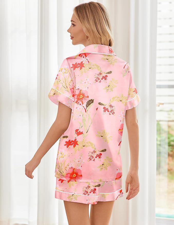Ekouaer Pajamas for Women Set Silk Satin Pjs Shorts Sleepwear 2 Piece Loungewear S-XXL