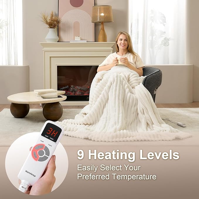 Hansleep Electric Heated Blanket Twin, Heating Blanket with 9 Heating Levels and 10-Hour Timer Auto Shut Off, Washable Soft Warm Winter Blanket, 62 x 84 Inches, Beige