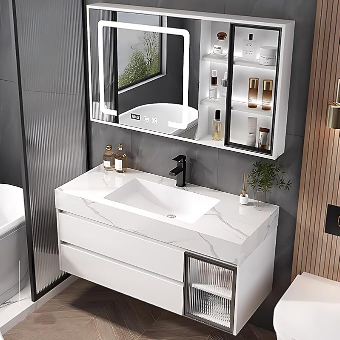 White 32IN Modern Bathroom Vanity - Wall-Mounted Bathroom Storage Cabinet & Bathroom Vanity with Sink, Bathroom Medicine Cabinet Wall Mounted, Defogging & Led Lighting | Bathroom Cabinet Slim