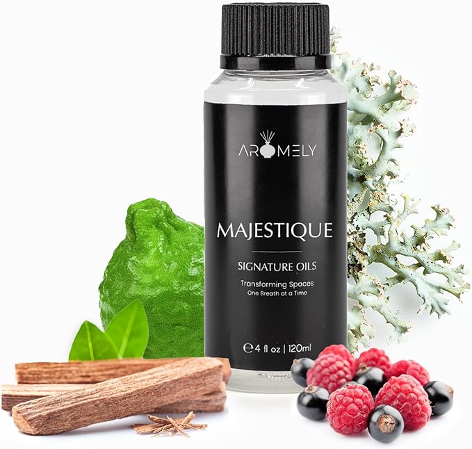 Aromely Diffuser Oil Majestique a Sophisticated Blend of Bergamot, Sandalwood, Oud, Jasmine, Saffron, Sweet Berry, Oakmoss, and Vanilla Creating an Exquisite Fragrance for Scent Diffusers (120ml)