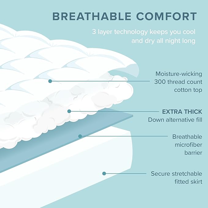 Bare Home Queen Mattress Topper Cotton Top - Plush Topper for Mattress - Fitted Mattress Cover - Cooling Breathable Air Flow - 8" to 21" Deep Pocket - Soft Mattress Pad (Queen, White)