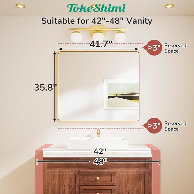 TokeShimi 42x36 Brushed Gold Bathroom Mirror for Over Sink,Bathroom Vanity Mirror with Tempered Glass, Modern Framed Wall Mirrors(Horizontal/Vertical)