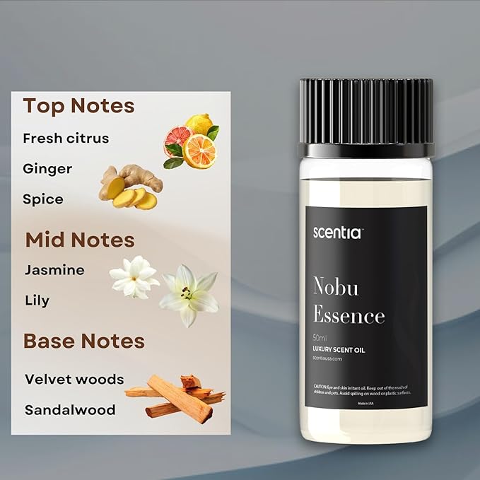 Scentia Hotel Diffuser Oil Inspired by The Nobu Hotel Scent - 50 mL 1.69 fl oz - Fragrance Oil Blend Jasmine, Lilly, Sandalwood & Fresh Citrus for Ultrasonic & Cold Diffusers - Nobu Essence