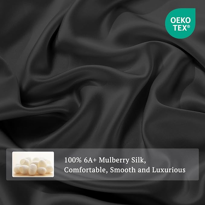 THXSILK 100% Pure Mulberry Silk Duvet Cover Set 3 Piece, 6A+ Grade Luxury Soft Bedding Silk Sheets for Hair and Skin, 1 Pcs Duvet/Quilt/Comforter Cover with 2 Zippered Pillowcases (Black, Twin)