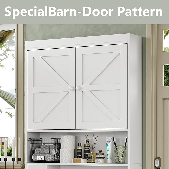 Furniouse Over The Toilet Storage Cabinet 32.3''W Wood Bathroom Storage Cabinet with Doors & Adjustable Shelves Free Standing Toilet Shelf, White