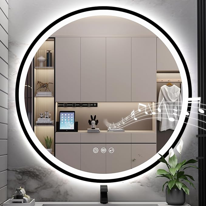 S·BAGNO 36’’ Round Led Bathroom Mirror with Lights, Bathroom Vanity Wall Mirror with Buletooth, Anti-Fog, Stepless Dimmable, 3 Colors, Tempered Glass Lighted Makeup Mirror for Bathroom