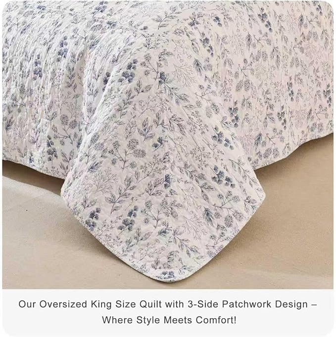 Lady Ann Oversized King Quilt Bedspreads 128x120,Cotton Blue and White Floral & Leaves Pattern California King Size Quilt Bedding Set Extra Large Lightweight Quilted Bedding Coverlet Set 3Pcs