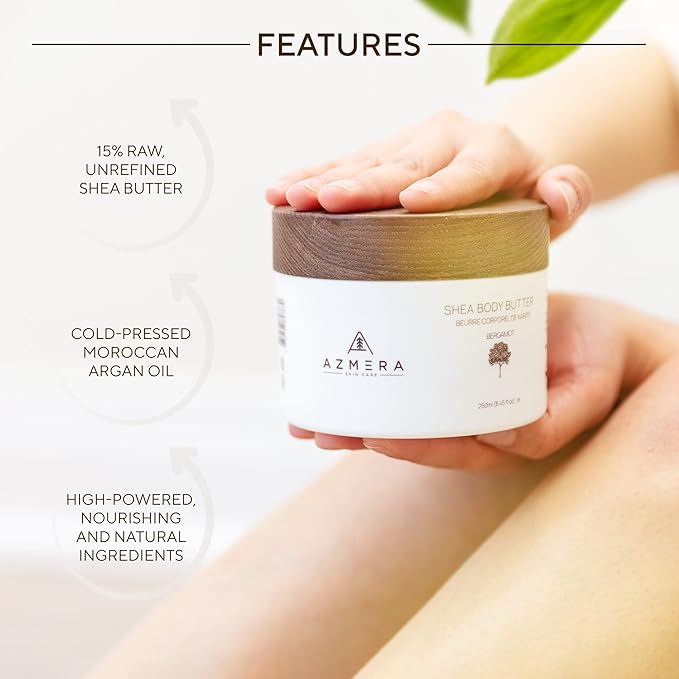 AZMERA Handcrafted Whipped Shea Body Butter – Luxurious Moisturizer for Dry, Sensitive Skin with Bergamot, Argan Oil & Vitamin E – Vegan, Non-Greasy Skincare – 8.82 oz